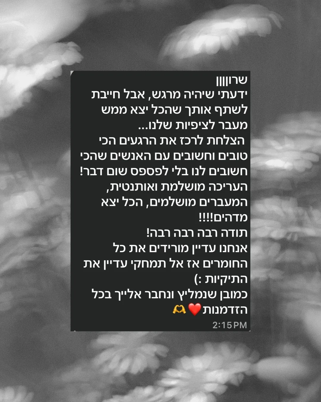 שרוןןןן, ידעתי שיהיה מרגש, אבל חייבת לשתף אותך שהכל יצא ממש מעבר לציפיות שלנו... הצלחת לרכז את הרגעים הכי טובים וחשובים עם האנשים שהכי חשובים לנו בלי לפספס שום דבר! העריכה מושלמת ואותנטית, המעברים מושלמים, הכל יצא מדהים!!!! תודה רבה רבה רבה! אנחנו עדיין מורידים את כל החומרים אז אל תמחקי עדיין את התיקיות :) כמובן שנמליץ ונחבר אלייך בכל הזדמנות